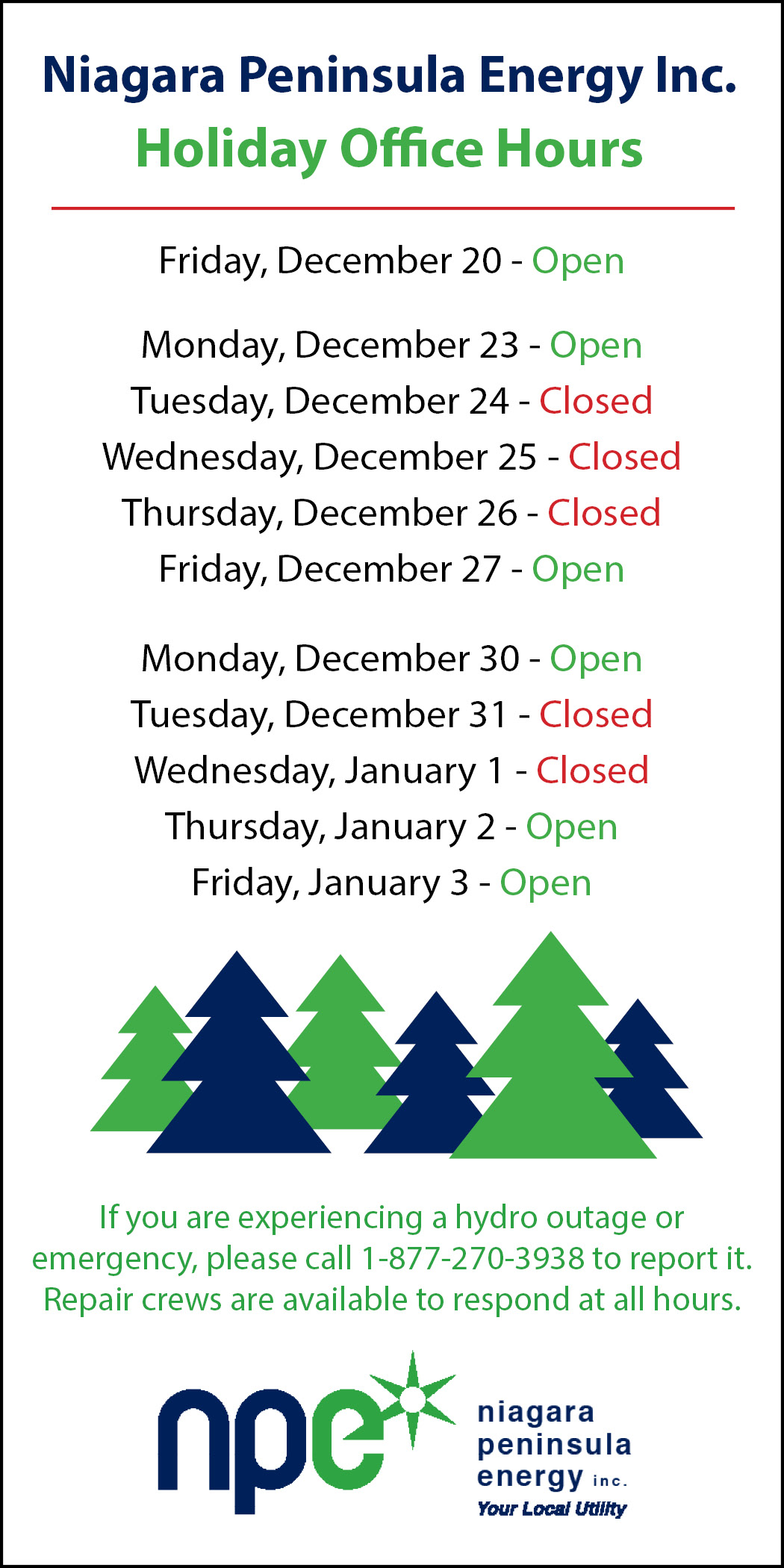 A graphic showing the NPEI Holiday Office Hours